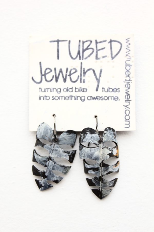 Fern-shaped upcycled bike tube earrings by Tubed Jewellery