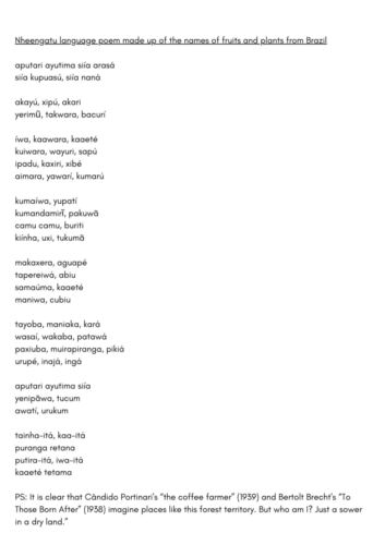 'Nheengatu language poem made up of the names of fruits and plants from Brazil' by Denilson Baniwa (to accompany 'For hope beyond the horizon')